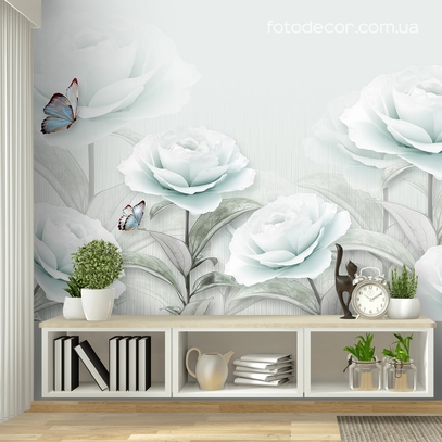 Фотообои для стен Розы 3д и бабочки от студии интерьерного декора Fotodecor